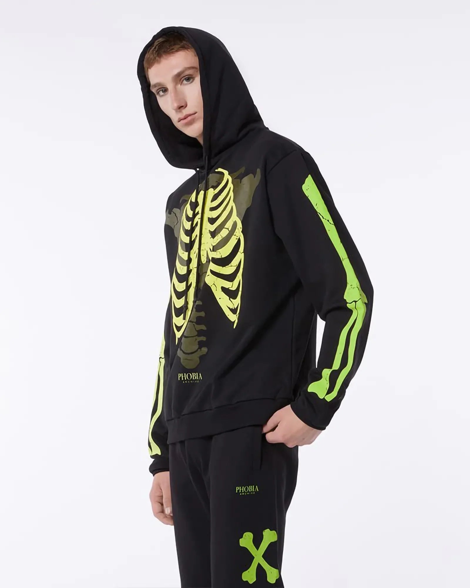 Phobia Light Green Bones Black Hoodie