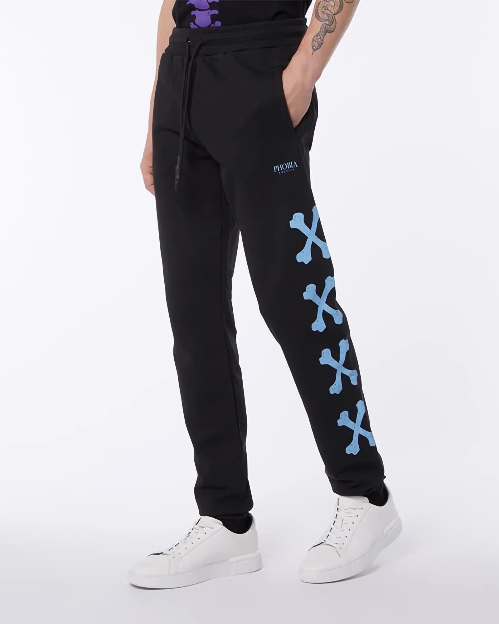 Phobia Light Blue Cross Bones Black Pants