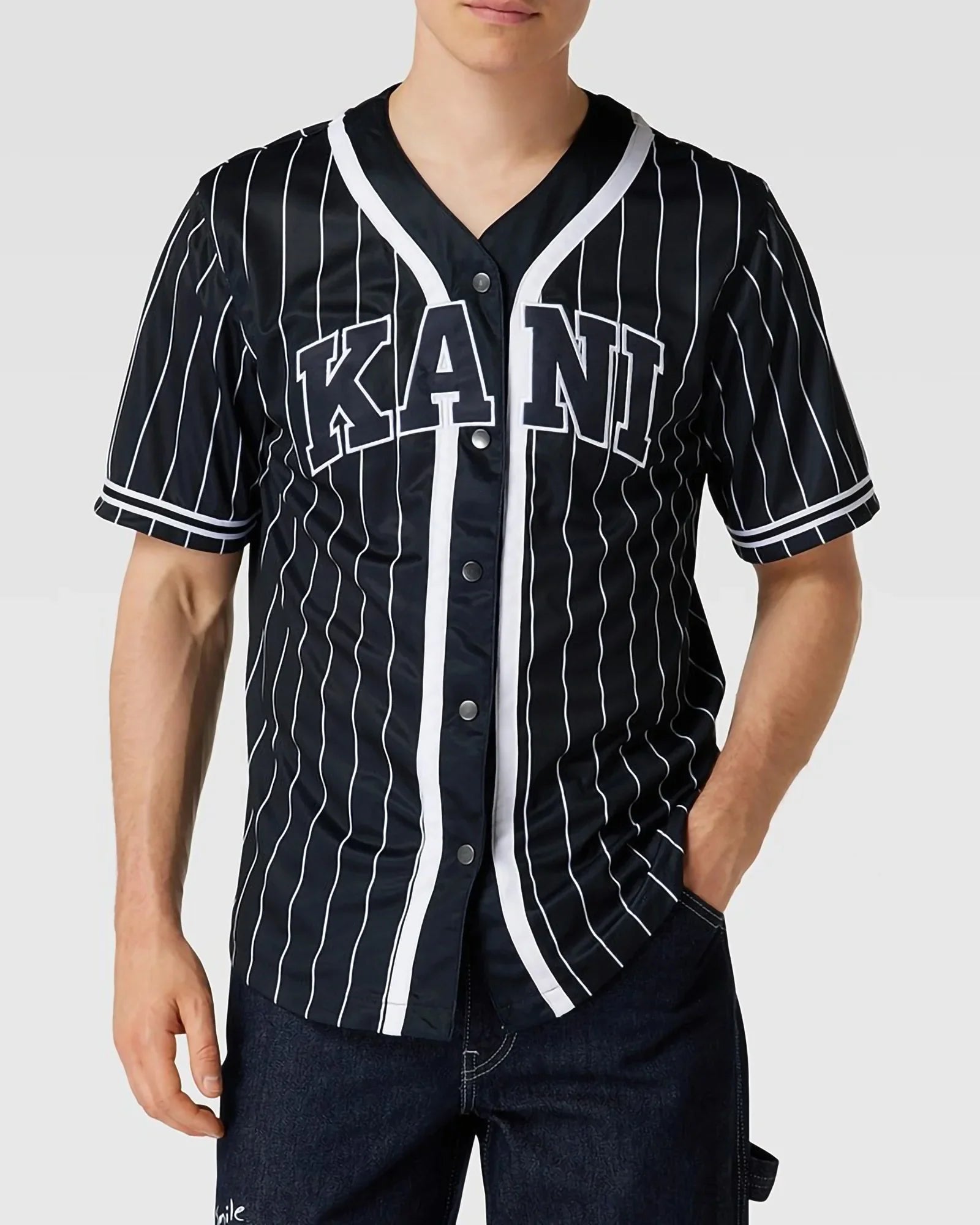 Karl Kani Kk Serif Pinstripe Baseball Shirt Black / White