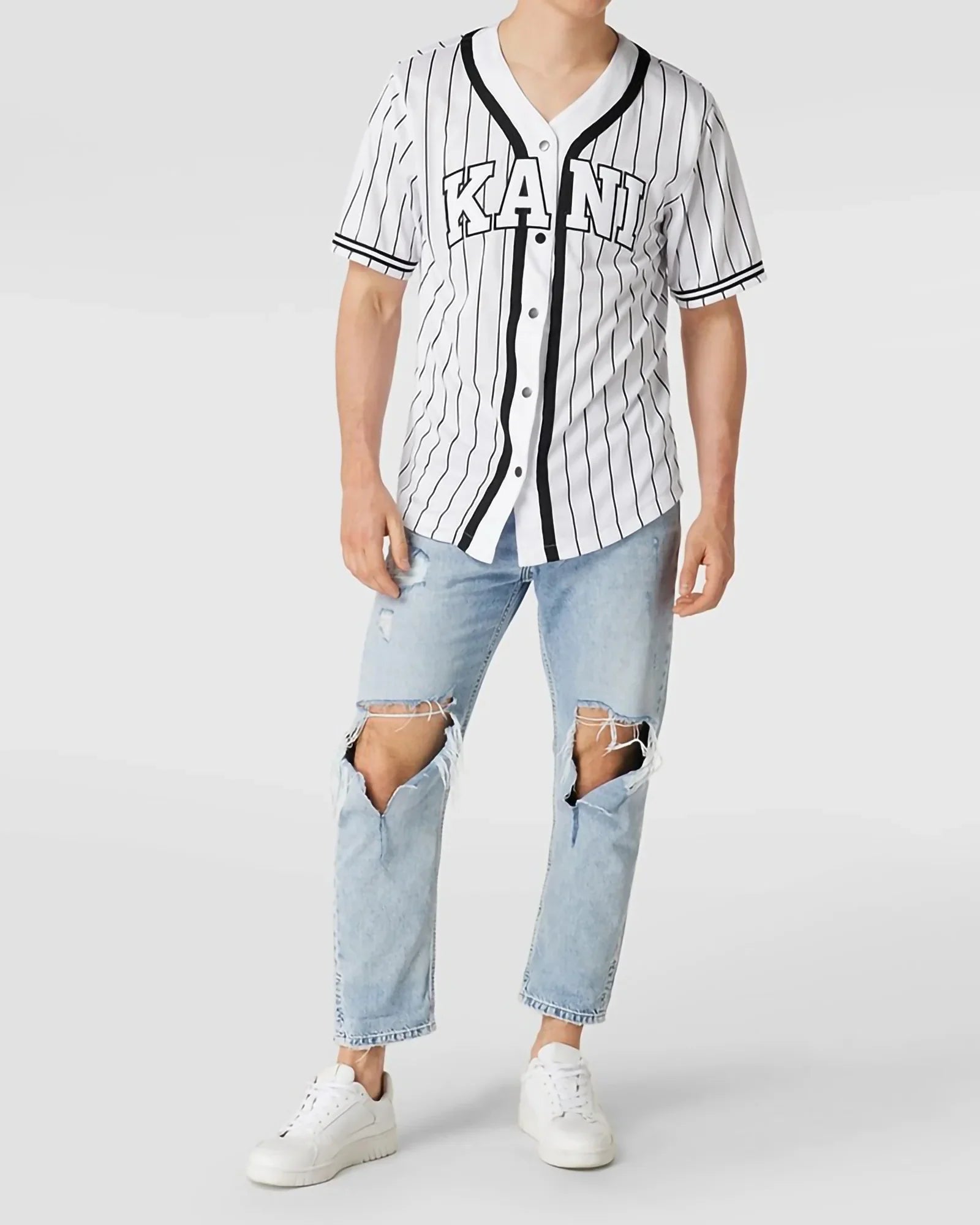 Karl Kani Kk Serif Pinstripe Baseball Shirt Black / White