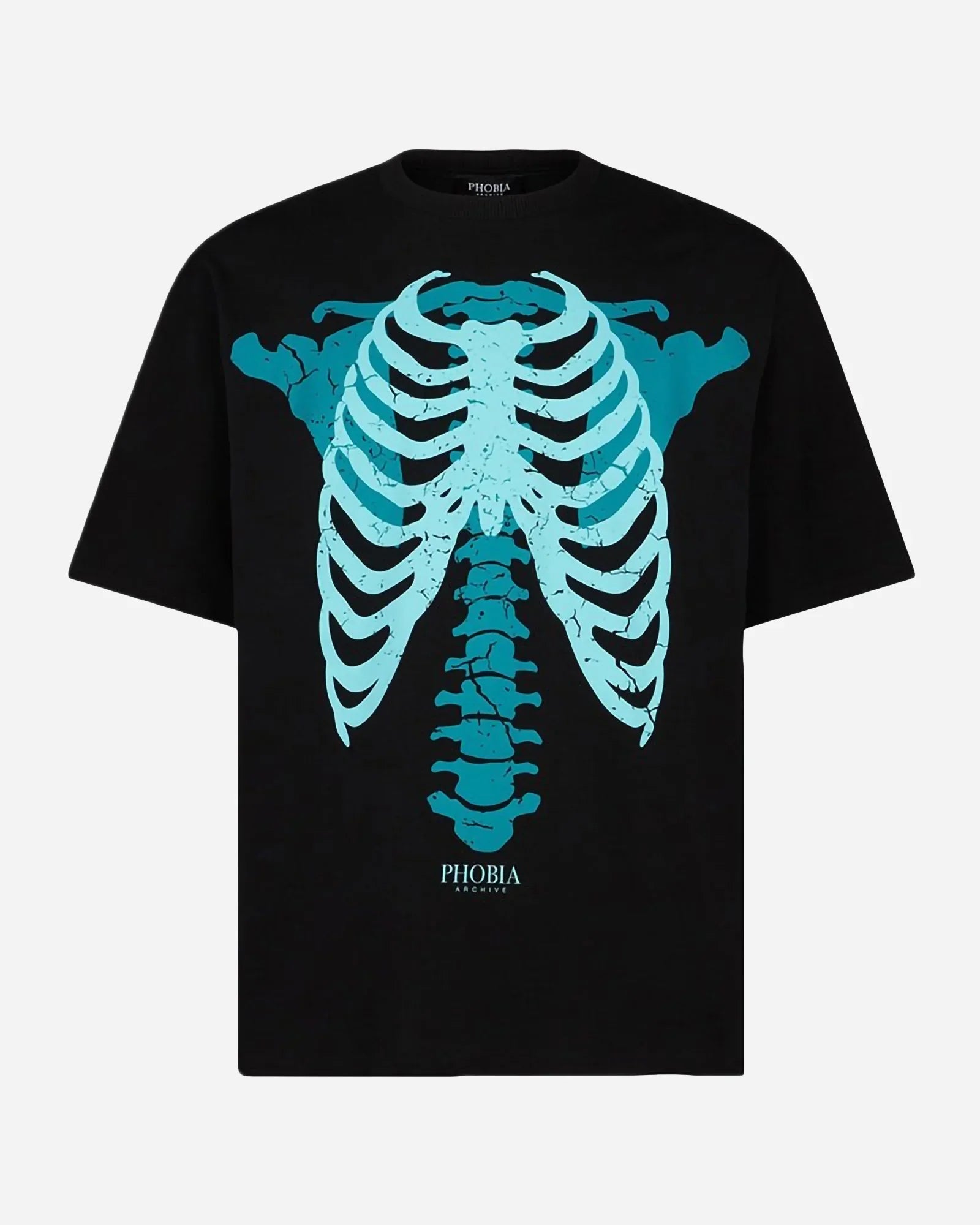 Phobia Light Blue Skeleton Bones Print Black Tee