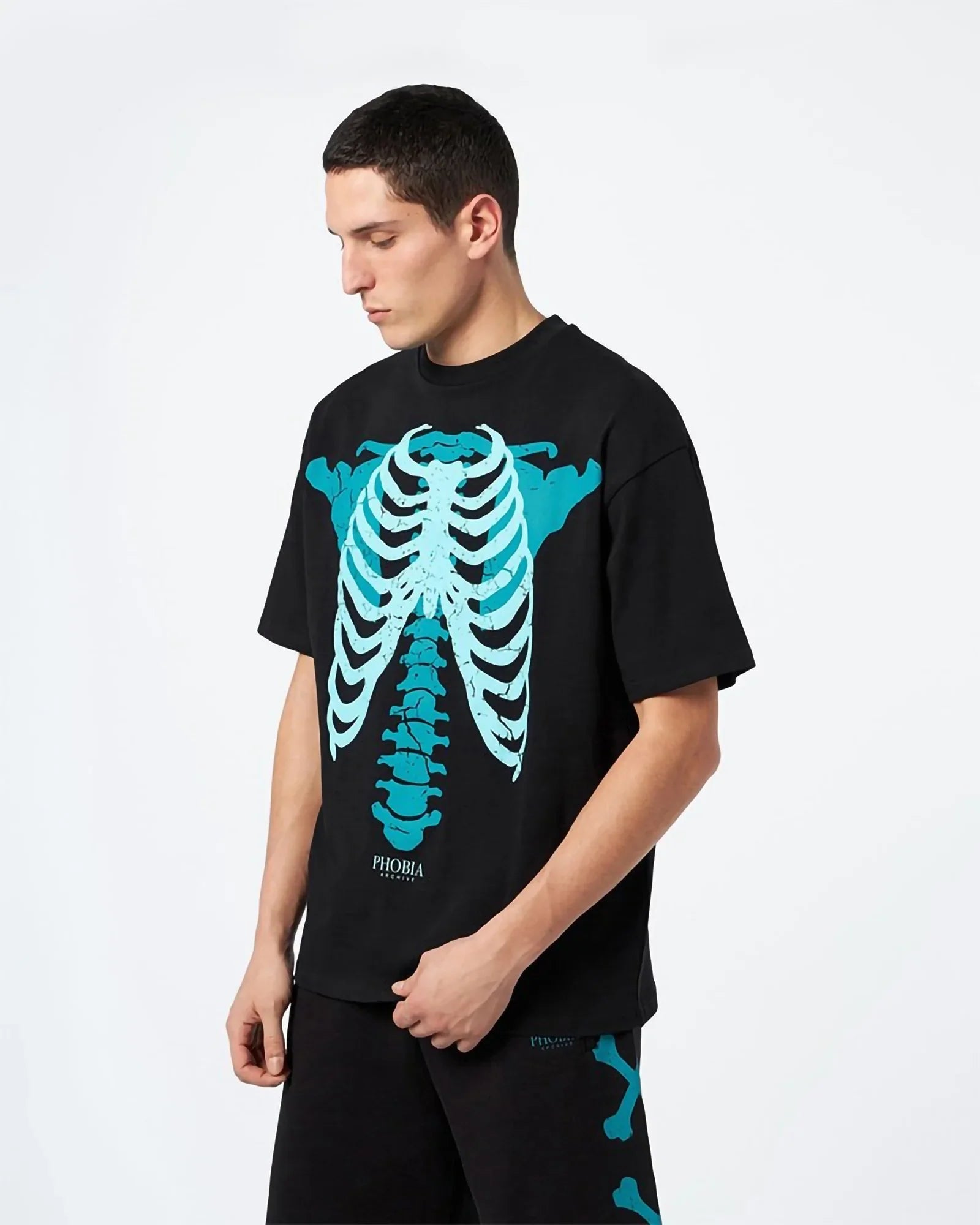 Phobia Light Blue Skeleton Bones Print Black Tee