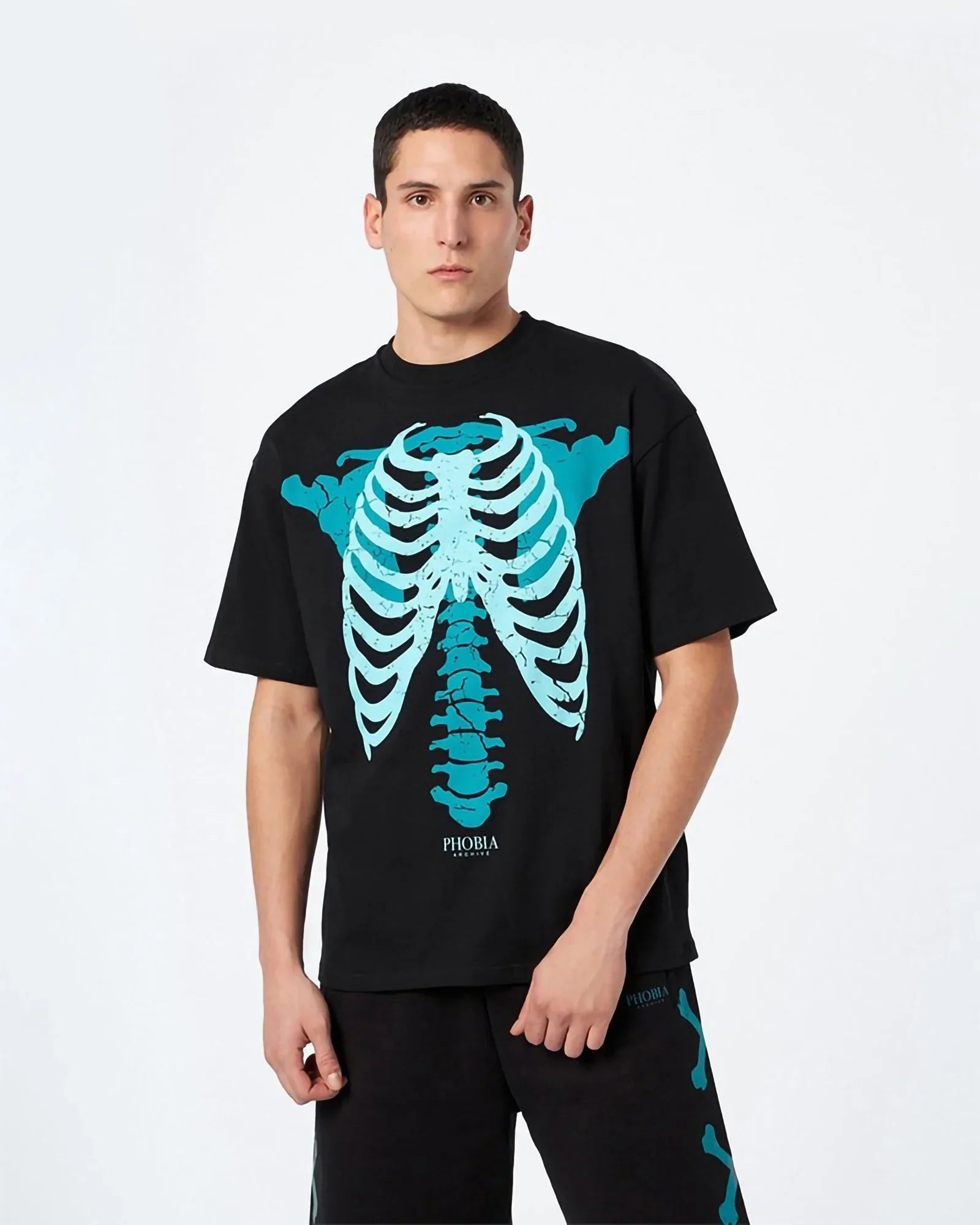 Phobia Light Blue Skeleton Bones Print Black Tee