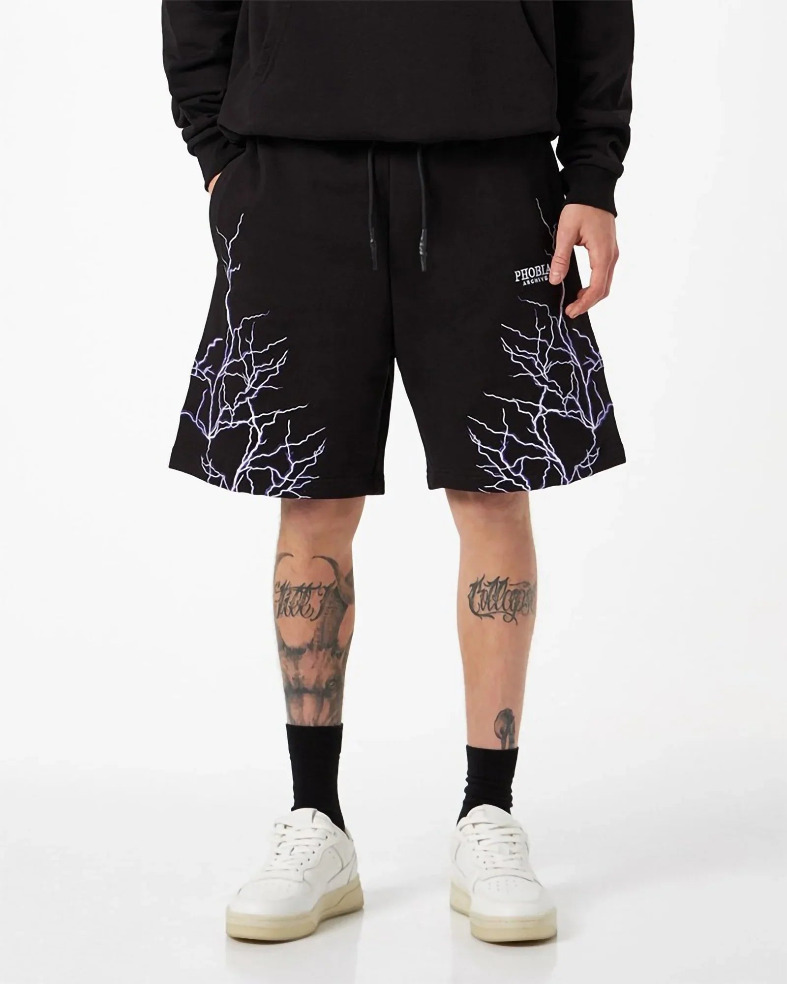 Phobia Purple Lightning Embroidery Black Shorts