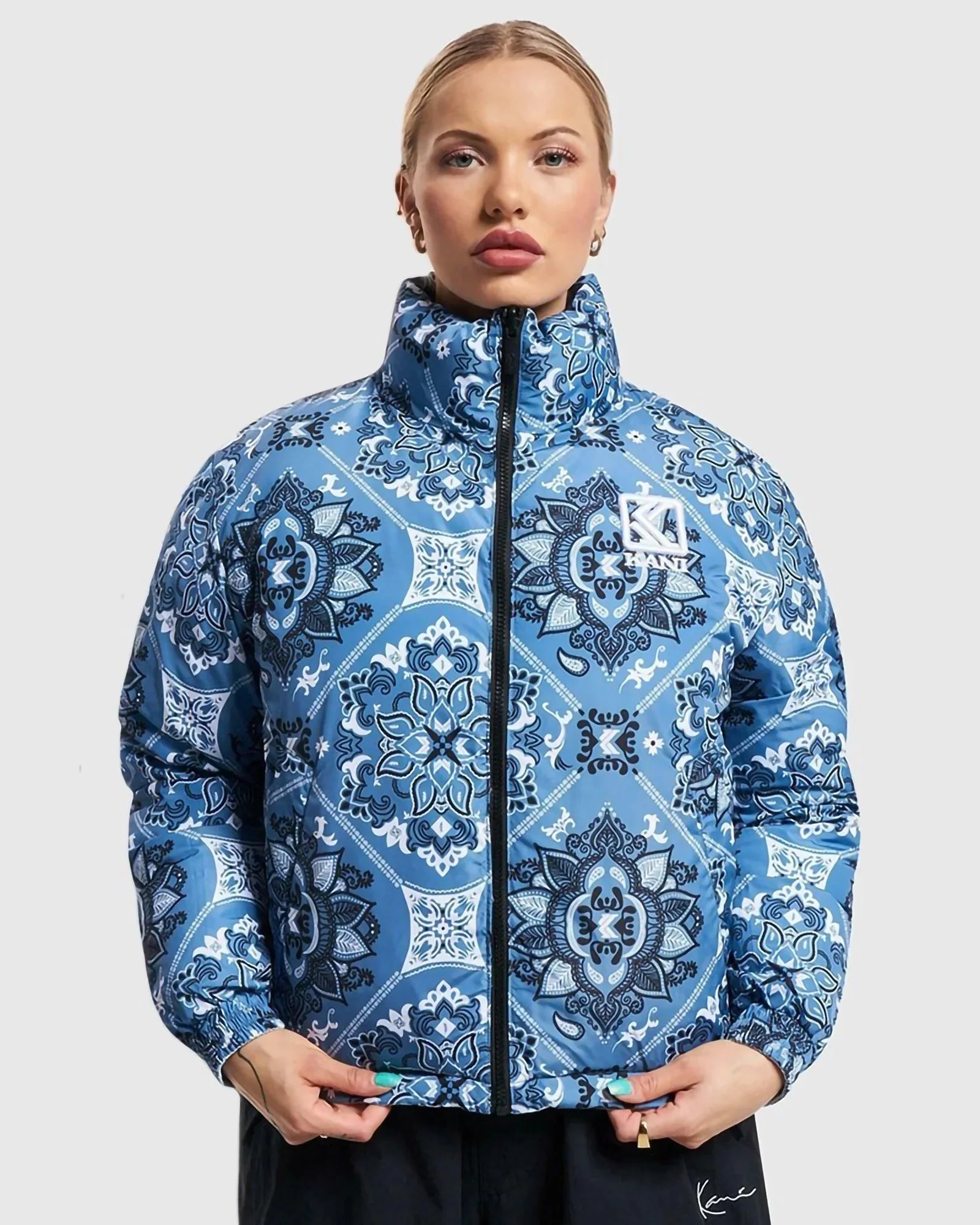 Karl Kani Kk Retro Paisley Reversible Block Puffer Jacket Light Blue/black