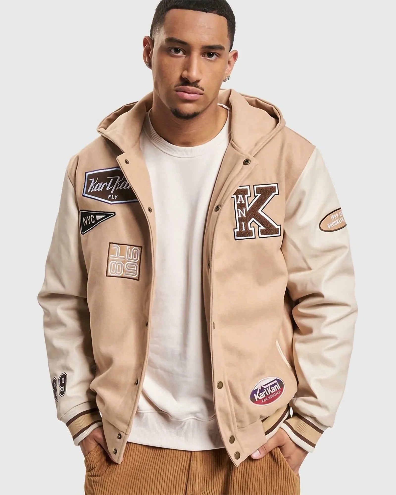 Karl Kani Kk Retro Patch Hooded Block College Jacket Sand/off White