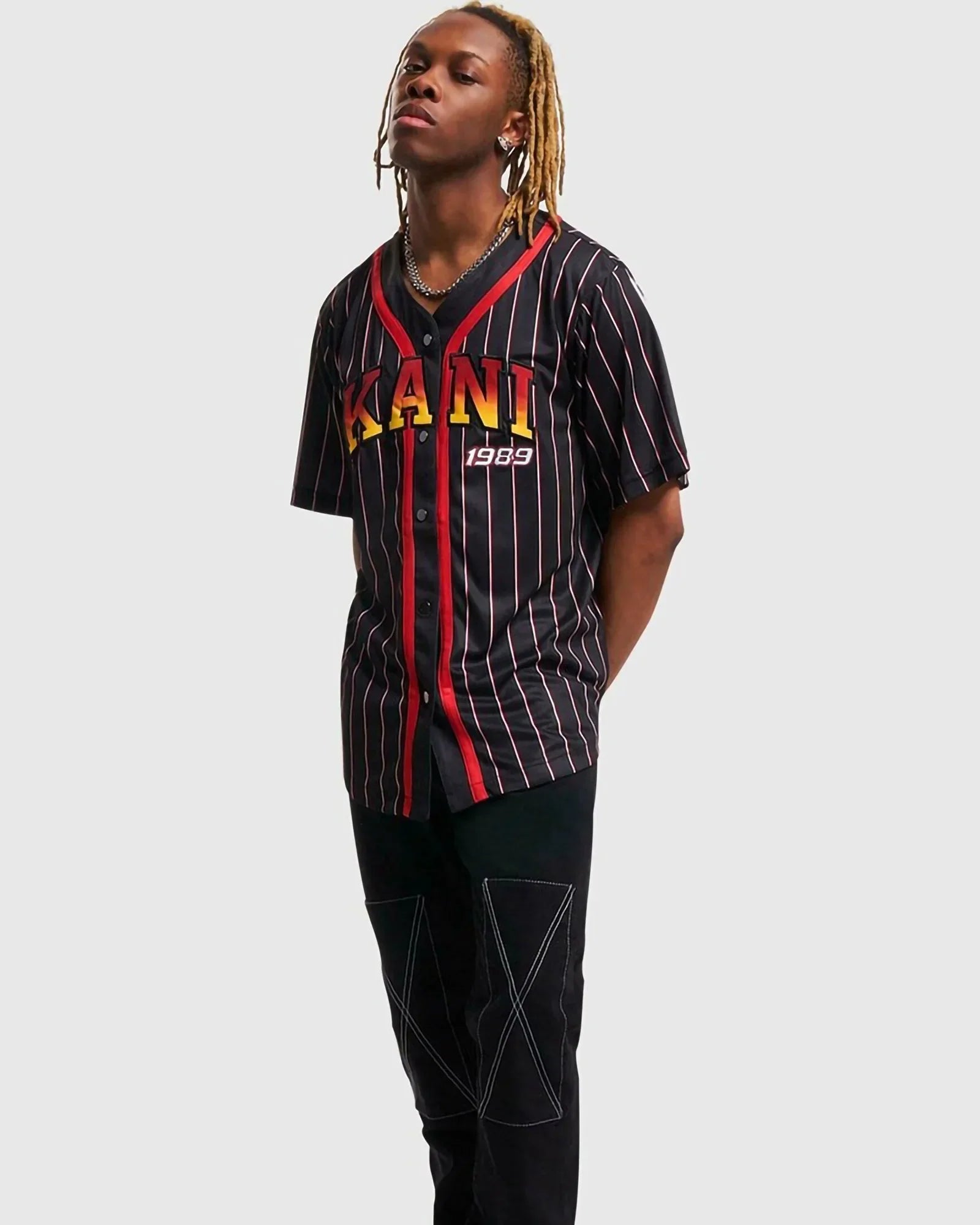 Karl Kani Kk Serif Pinstripe Baseball Shirt Black/red/white