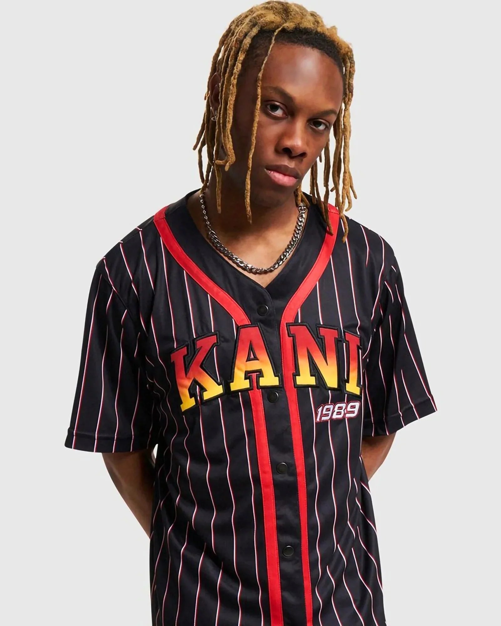 Karl Kani Kk Serif Pinstripe Baseball Shirt Black/red/white