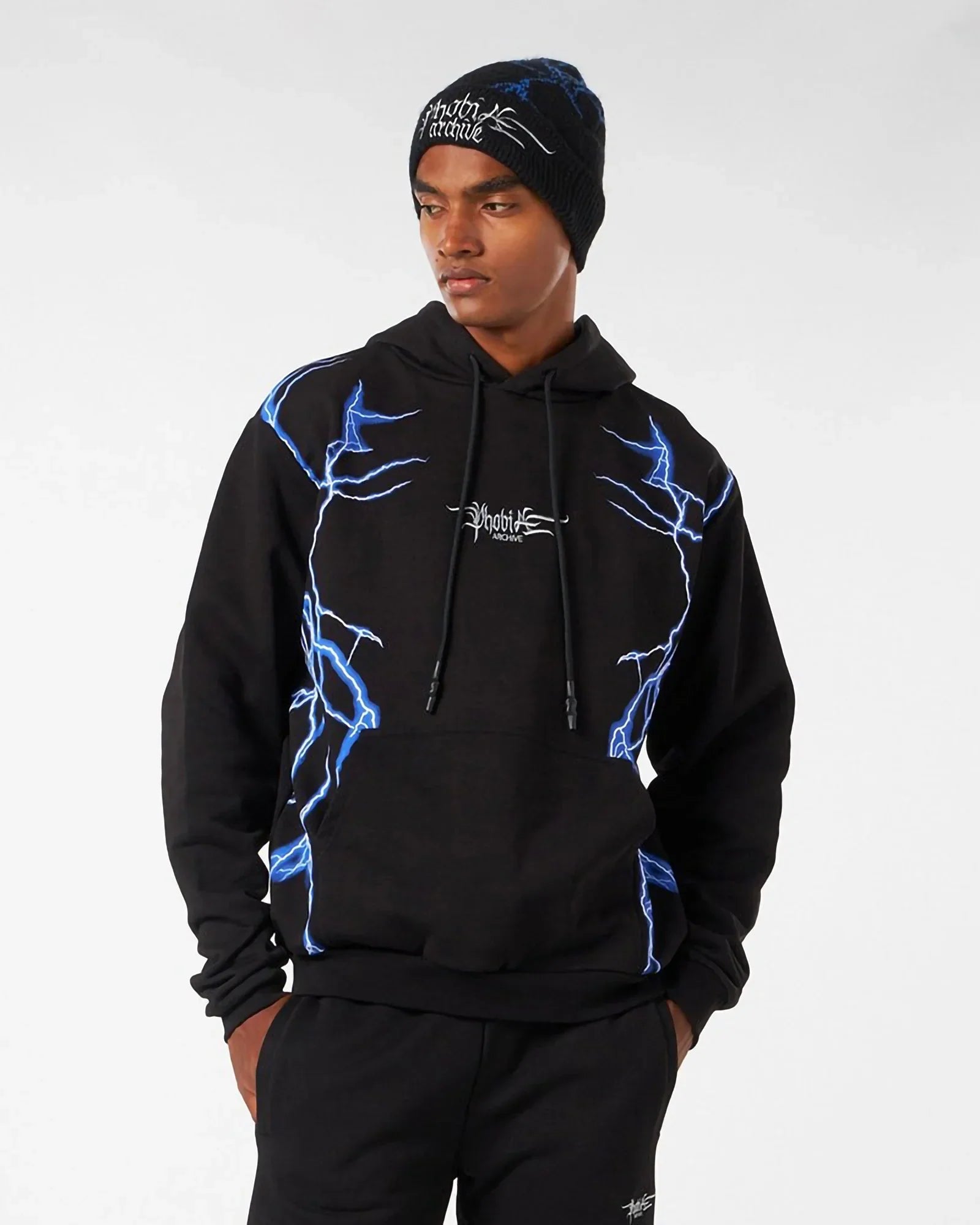 Phobia Black Hoodie Lightning Blue Print